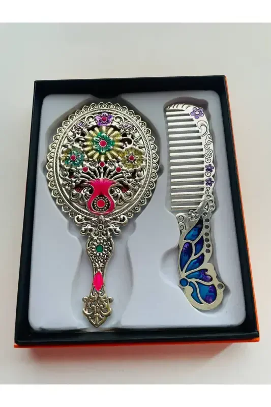 Gift Mirror Comb Set, Floral, Metal, 15x12-Colorful - 7