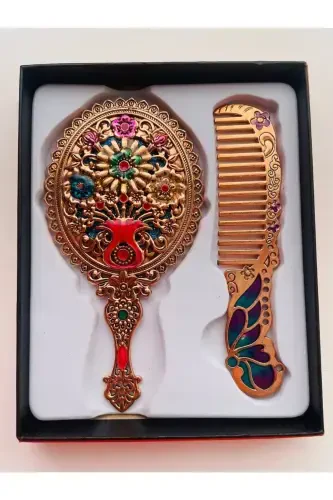 Gift Mirror Comb Set, Floral, Metal, 15x12-Gold - 1