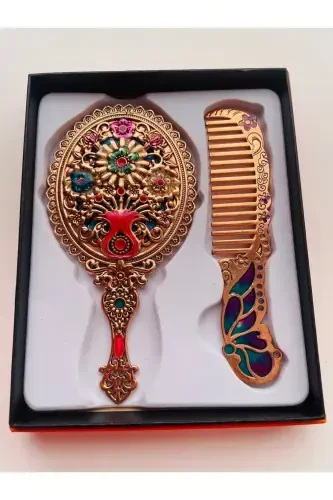 Gift Mirror Comb Set, Floral, Metal, 15x12-Gold - 3