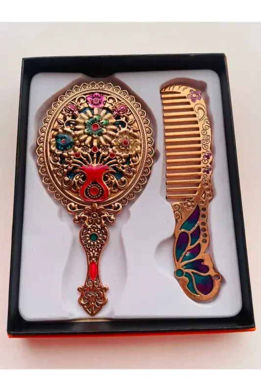 Gift Mirror Comb Set, Floral, Metal, 15x12-Gold - 3