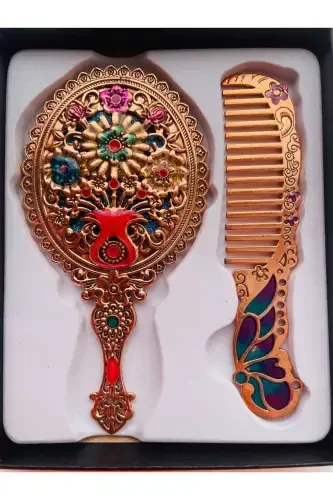 Gift Mirror Comb Set, Floral, Metal, 15x12-Gold - 4