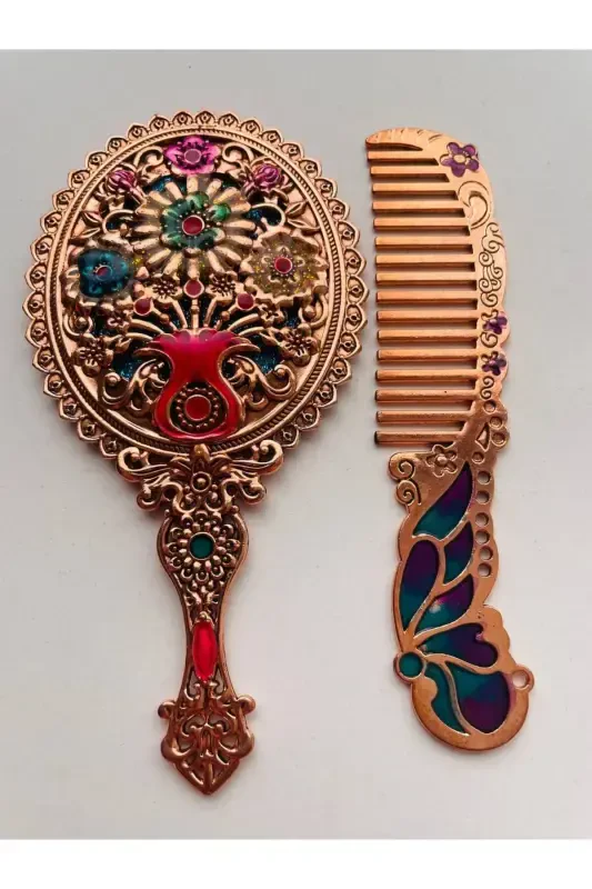 Gift Mirror Comb Set, Floral, Metal, 15x12-Gold - 5