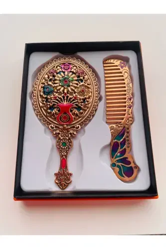 Gift Mirror Comb Set, Floral, Metal, 15x12-Gold - 6
