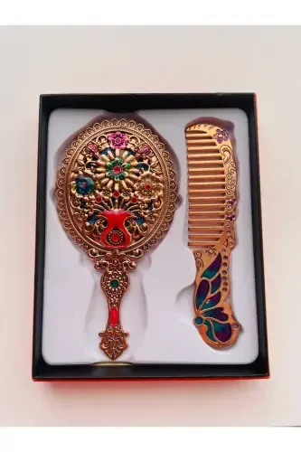 Gift Mirror Comb Set, Floral, Metal, 15x12-Gold - 7