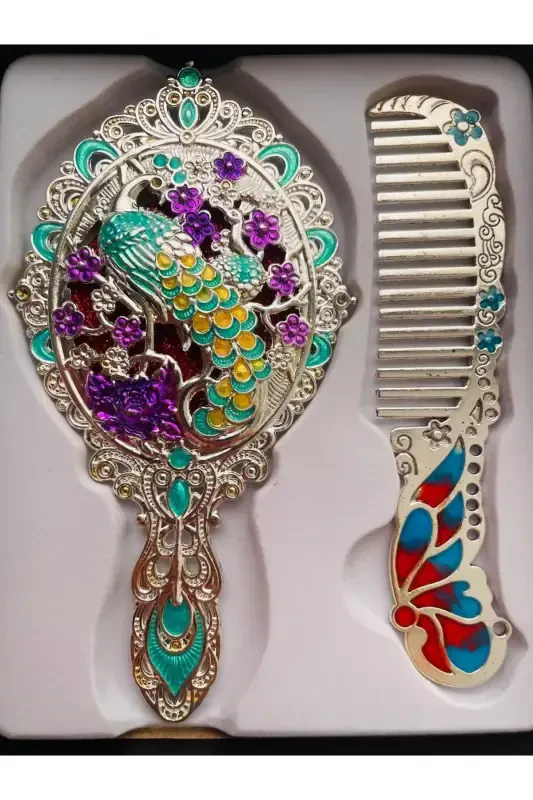 Gift Mirror Comb Set, Peacock, Metal, 15x12 - 2