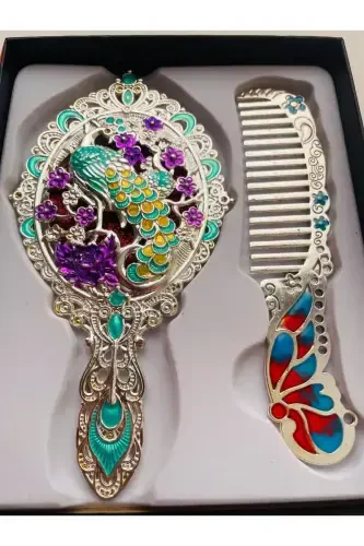 Gift Mirror Comb Set, Peacock, Metal, 15x12 - 3