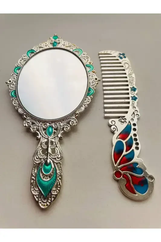 Gift Mirror Comb Set, Peacock, Metal, 15x12 - 4