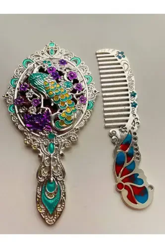 Gift Mirror Comb Set, Peacock, Metal, 15x12 - 5
