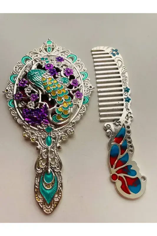 Gift Mirror Comb Set, Peacock, Metal, 15x12 - 5