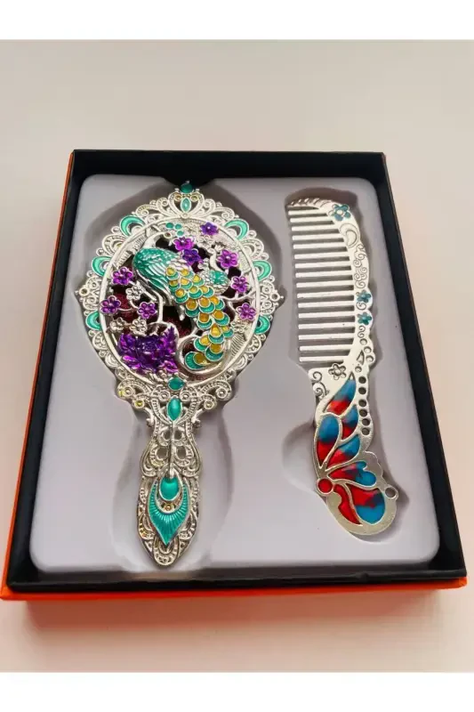 Gift Mirror Comb Set, Peacock, Metal, 15x12 - 7