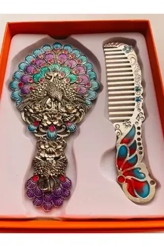 Gift Mirror Comb Set, Peacock, Metal, 15x12 - 1