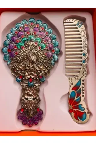Gift Mirror Comb Set, Peacock, Metal, 15x12 - GALATA GIFT (1)