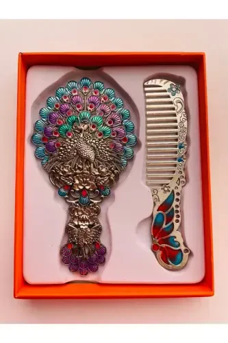 Gift Mirror Comb Set, Peacock, Metal, 15x12 - 3