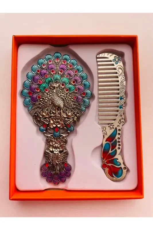 Gift Mirror Comb Set, Peacock, Metal, 15x12 - 3