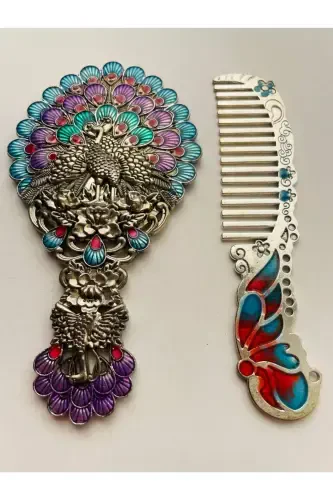 Gift Mirror Comb Set, Peacock, Metal, 15x12 - 5