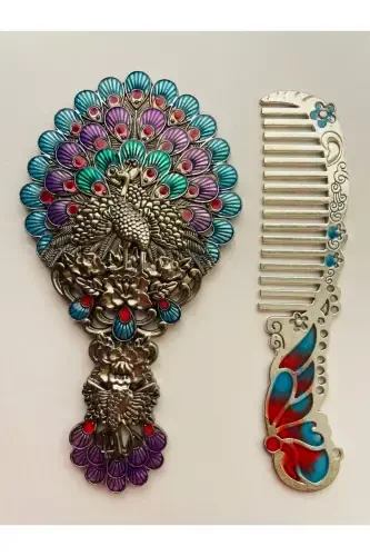 Gift Mirror Comb Set, Peacock, Metal, 15x12 - 6