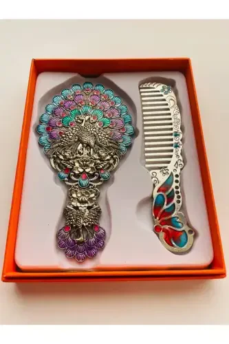 Gift Mirror Comb Set, Peacock, Metal, 15x12 - 7