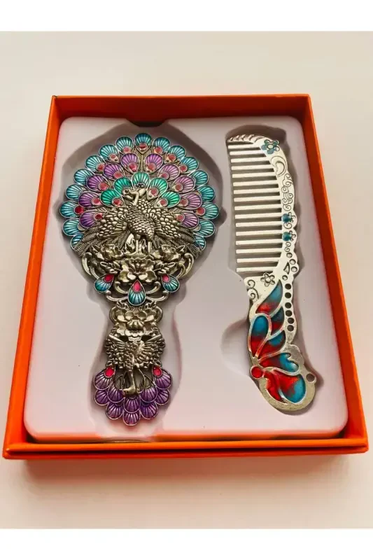 Gift Mirror Comb Set, Peacock, Metal, 15x12 - 7