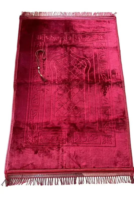 Gift Plush Prayer Rug and Rosary-Red - HICAZ HAC VE UMRE