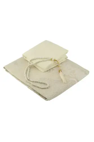 Gift Prayer Rug Shawl Rosary Set-CREAM - ENSARHAC-UMRE MALZEMELERİ (1)
