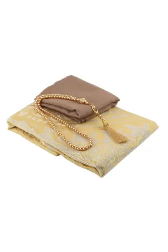 Gift Prayer Rug Shawl Rosary Set-GOLD - ENSARHAC-UMRE MALZEMELERİ (1)