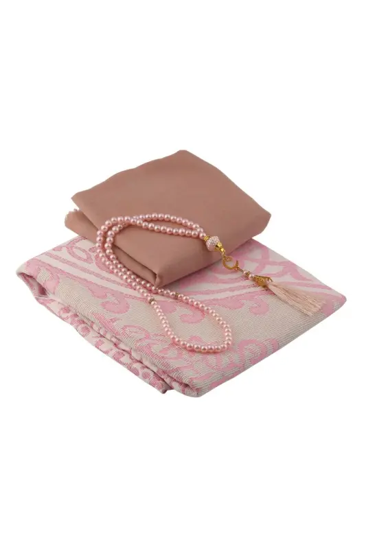 Gift Prayer Rug Shawl Rosary Set-PINK - 2
