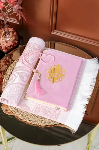 Gift Quran Set With Stand Wooden Quran Stand Velvet Quran Pearl Tasbih Prayer Rug Set - HUH HAC & UMRE HEDIYELIK (1)