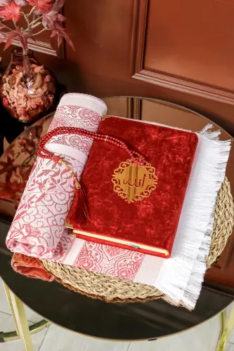Gift Quran Set with Wooden Quran Stand, Velvet Quran, Pearl Tasbih and Prayer Mat - 3