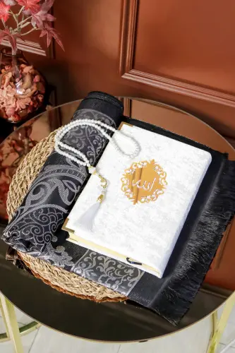 Gift Qur'an Set With Wooden Quran Stand Velvet Qur'an Pearl Tasbih Prayer Mat Set - HAC UMRE HEDIYELIK (1)