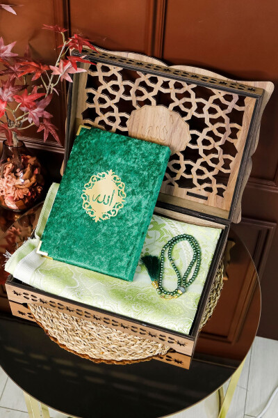 Gift Quran Set (Wooden Quran Stand, Velvet Quran, Pearl Tasbih, Prayer Rug Set) - 1