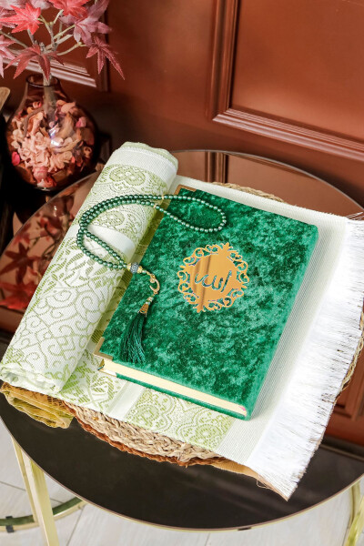 Gift Quran Set (Wooden Quran Stand, Velvet Quran, Pearl Tasbih, Prayer Rug Set) - 2