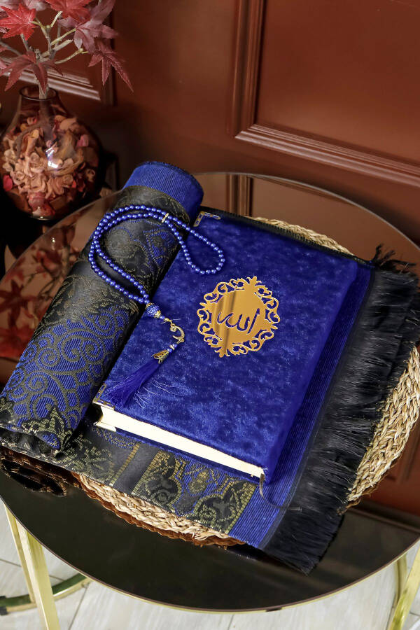 Gift Quran Set - Wooden Quran Stand with Lectern - Velvet Quran - Pearl Tasbih - Prayer Rug Set - 2