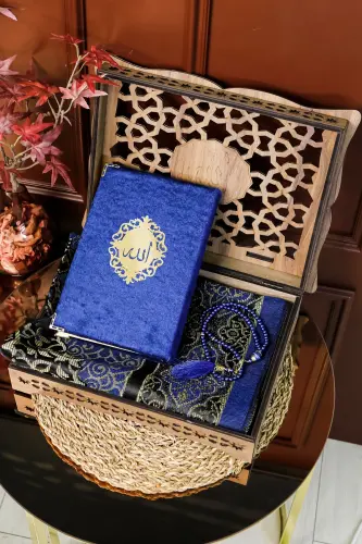 Gift Quran Set - Wooden Quran Stand with Lectern - Velvet Quran - Pearl Tasbih - Prayer Rug Set 