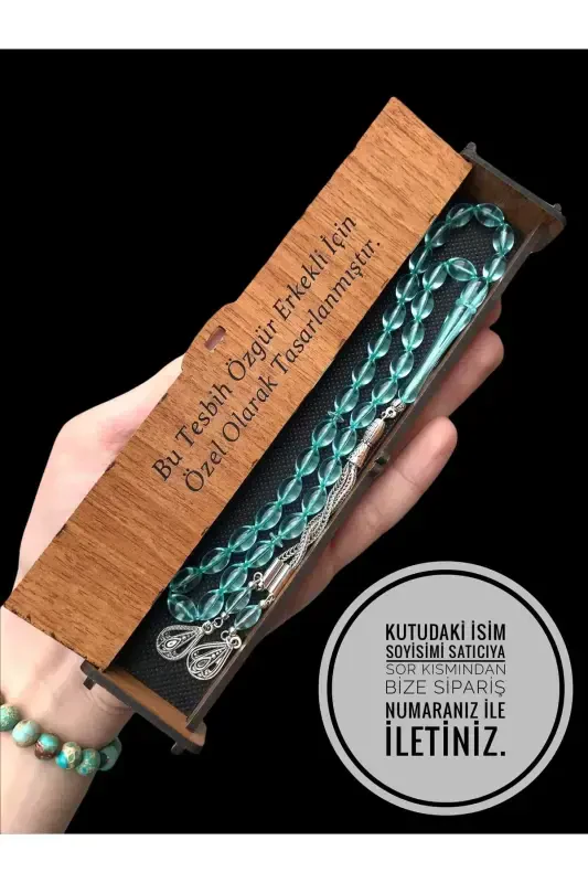 Gift Rosary to a Friend, Gift Rosary to a Lover, Wooden Boxed Dust Amber Rosary-light turquoise3 - KANUNİ TESBİH