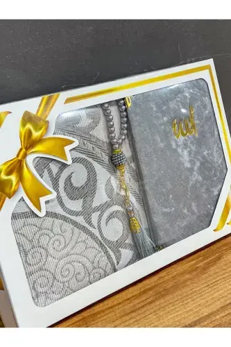Gift set including a gray prayer rug, prayer beads and Yasin. - 3