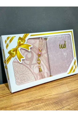 Gift set including a pink prayer rug, Yasin book and prayer beads. 