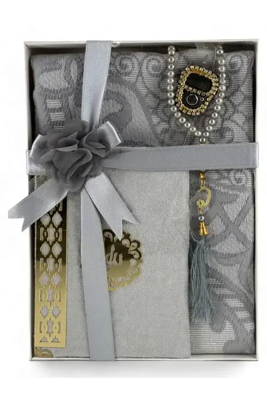 Gift Set, Umrah Hajj Gift Set, Wedding Gift (Prayer Rug, Yasin, Rosary, Dhikr Counter) 4 Pieces-Gray - 1