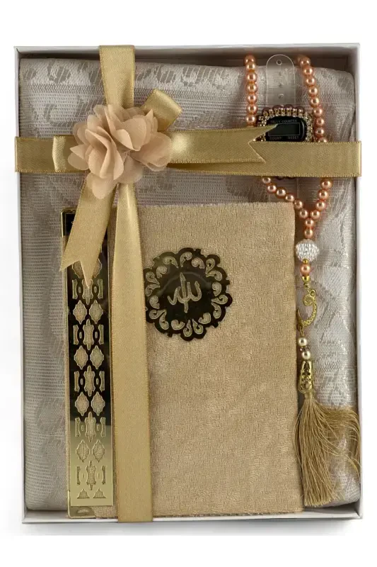 Gift Set, Umrah Hajj Gift Set, Wedding Gift (Prayer Rug, Yasin, Rosary, Dhikrmatic) 4 Pieces-Gold - Modazone