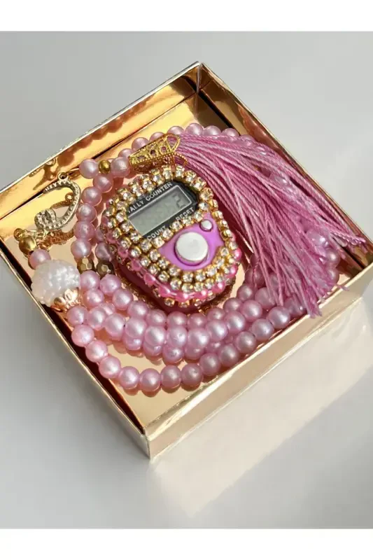 Gift Stone Dhikr Counter and Rosary Set Boxed-Pink - 2
