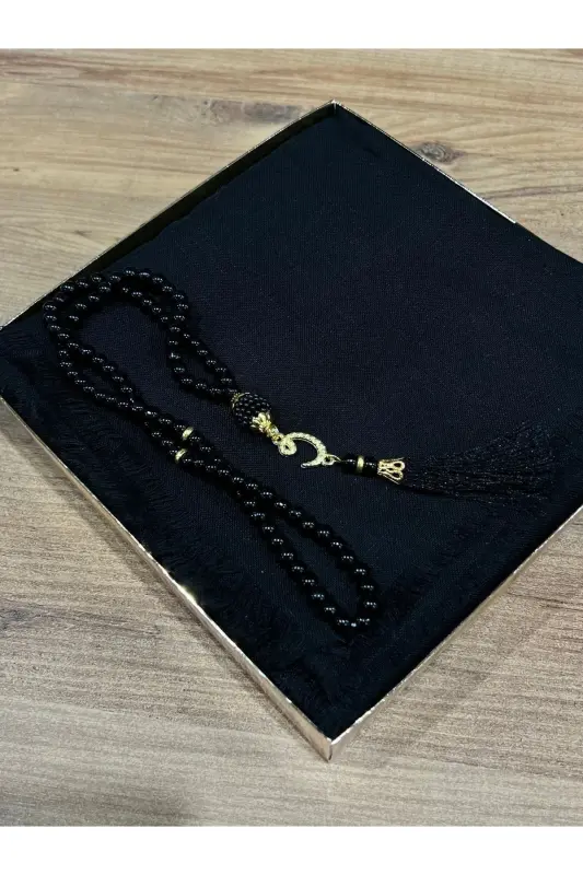 Gift, Trousseau, Mevlut, Dowry, Bridal Dowry Flamed Prayer Rug Rosary Set-BLACK - 2