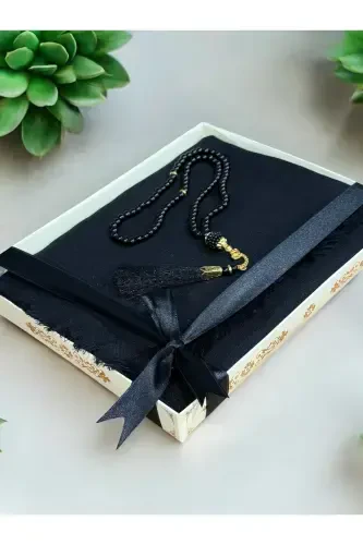 Gift, Trousseau, Mevlut, Dowry, Bridal Dowry Flamed Prayer Rug Rosary Set-BLACK - 1