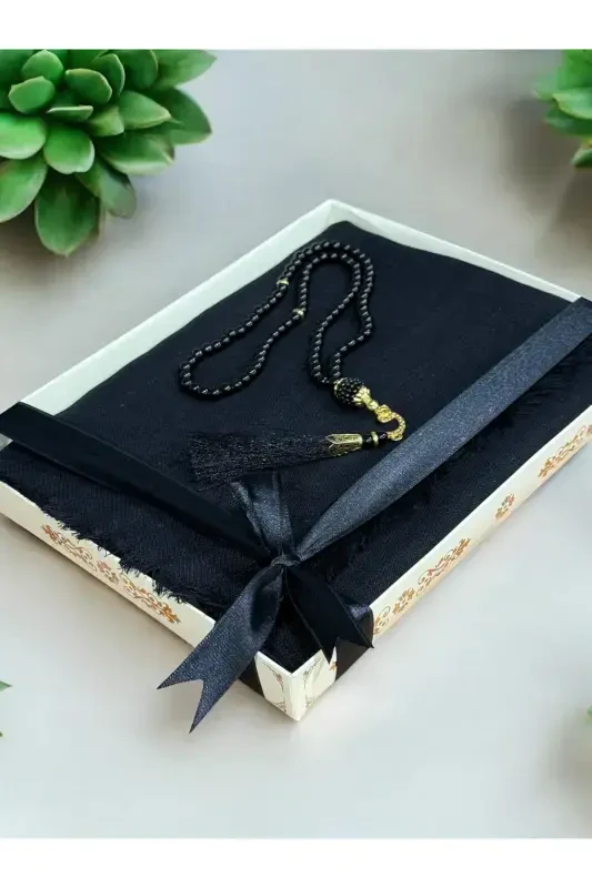 Gift, Trousseau, Mevlut, Dowry, Bridal Dowry Flamed Prayer Rug Rosary Set-BLACK - 1