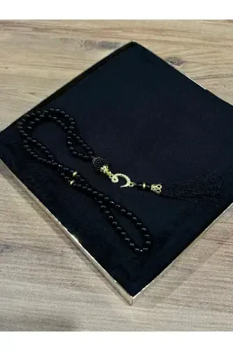 Gift, Trousseau, Mevlut, Dowry, Bridal Dowry Flamed Prayer Rug Rosary Set-BLACK - 2