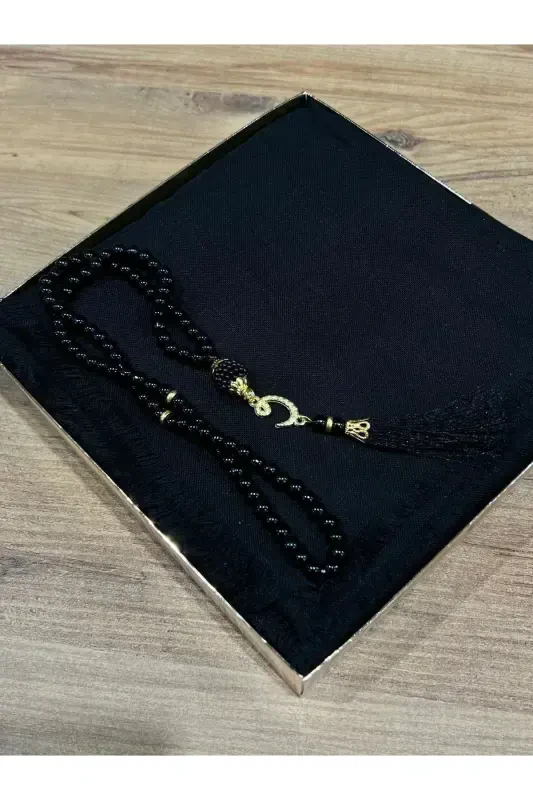 Gift, Trousseau, Mevlut, Dowry, Bridal Dowry Flamed Prayer Rug Rosary Set-BLACK - 2