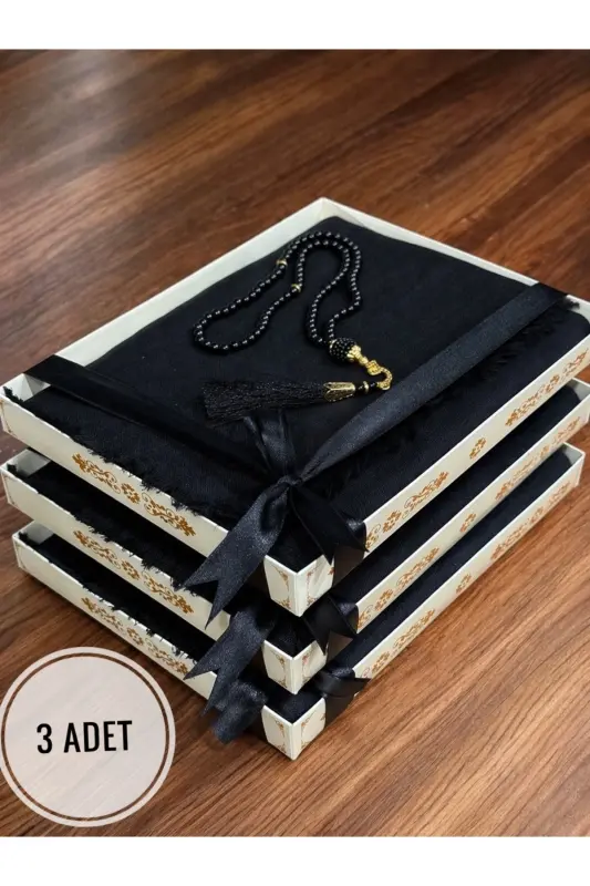 Gift, Trousseau, Mevlut, Dowry, Bridal Dowry Flamed Prayer Rug Rosary Set-BLACK - 4