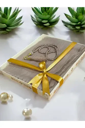 Gift, Trousseau, Mevlut, Dowry, Bride Dowry Flamed Prayer Cover Rosary Set-Beige - 1