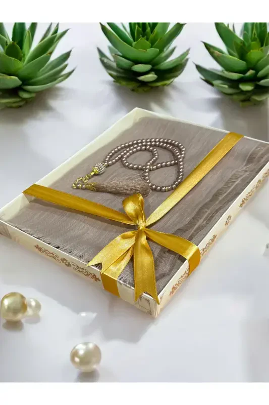 Gift, Trousseau, Mevlut, Dowry, Bride Dowry Flamed Prayer Cover Rosary Set-Beige - 1