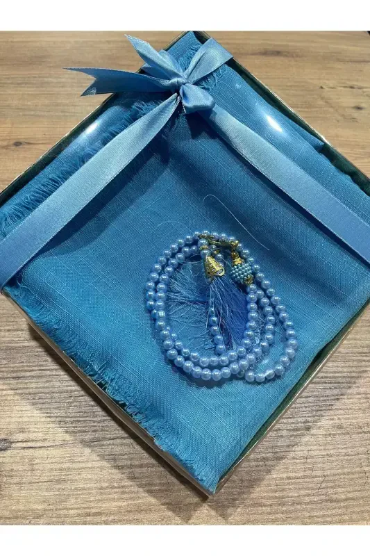 Gift, Trousseau, Mevlut, Dowry, Bride Dowry Flamed Prayer Cover Rosary Set-BLUE - 2