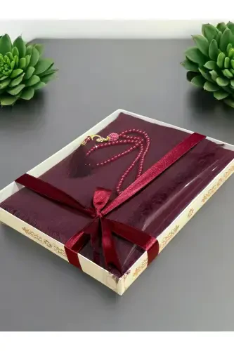 Gift, Trousseau, Mevlut, Dowry, Bride Dowry Flamed Prayer Cover Rosary Set-Claret - 1