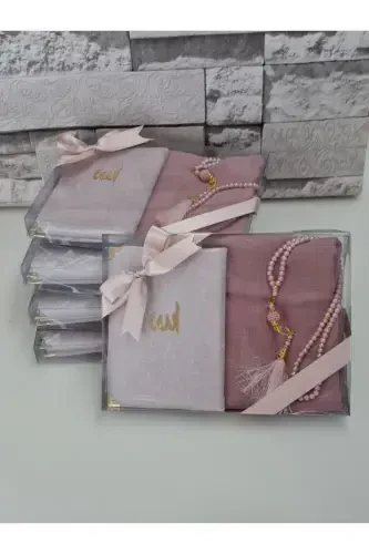 Gift Velvet Covered Yaseen Flamed Scarf Pearl Rosary Mevlid Set Bride Bundle Set 5 Pieces - HIRA TASARIM (1)